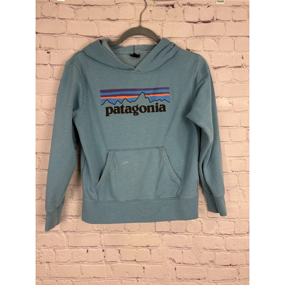 Patagonia Youth Boy’s Large Blue Graphic Print Logo Spell Out Hoodie Sweatshirt